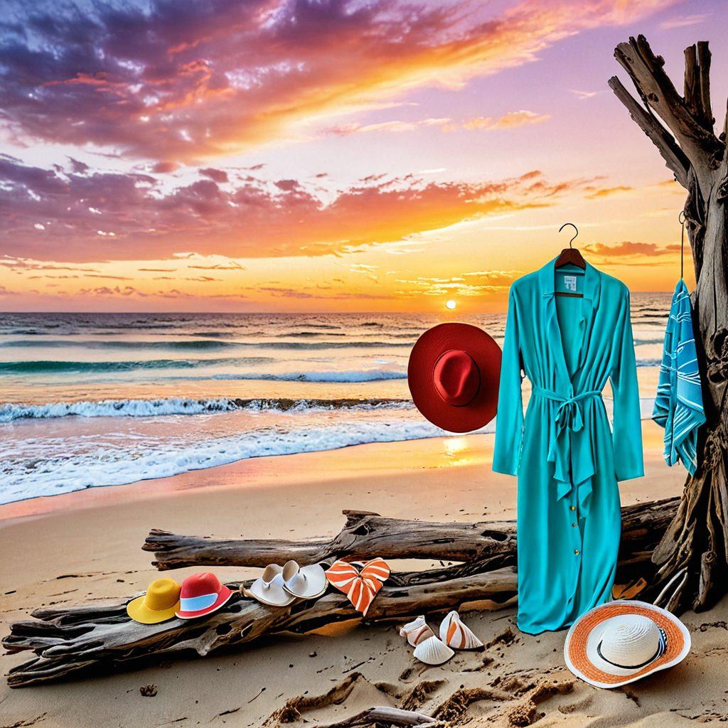 A serene coastal scene featuring a stylish beachwear display on a sandy shoreline, with colorful swimwear, sun hats, and beach cover-ups artfully arranged on driftwood. The backdrop includes gentle waves and a vibrant sunset sky, creating a warm atmosphere. Incorporate playful seashells and beach accessories for added charm. airy and light vibe. super-realistic. vibrant colors.